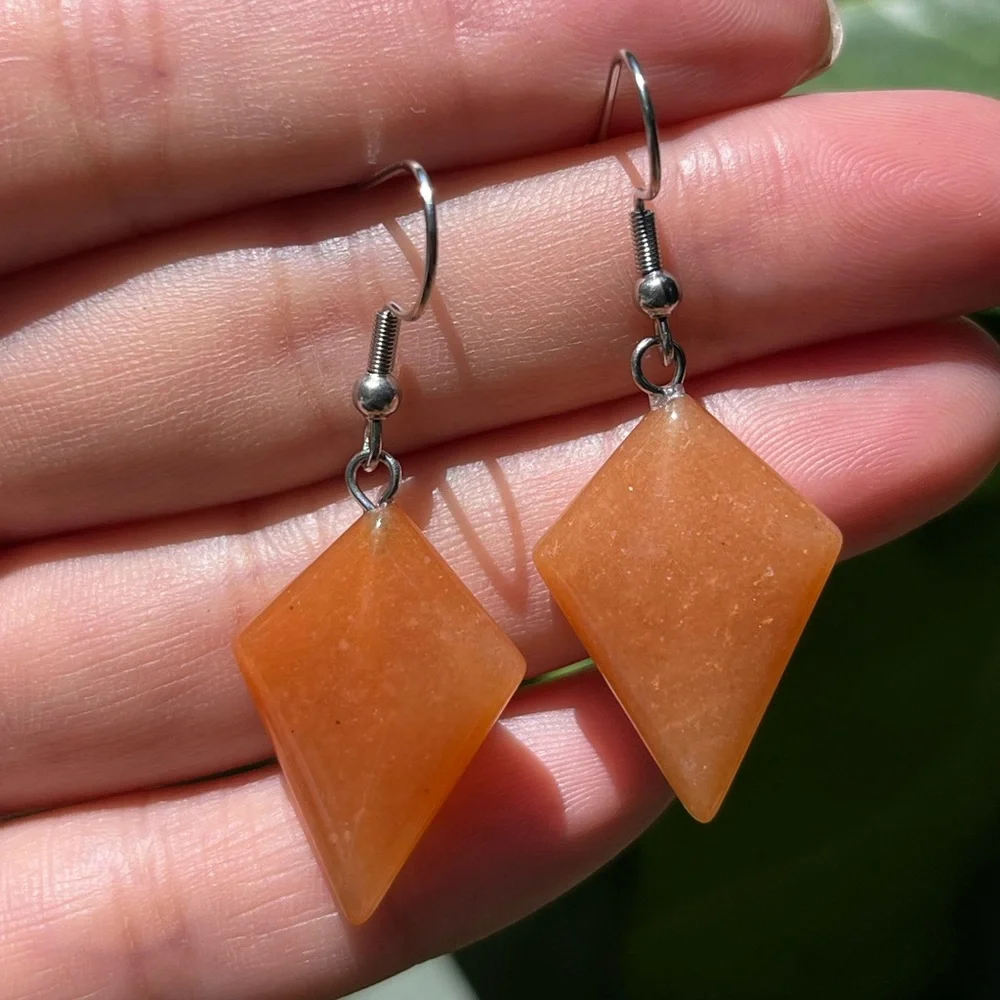 Stainless steel orange aventurine diamond‎ shape drop earrings